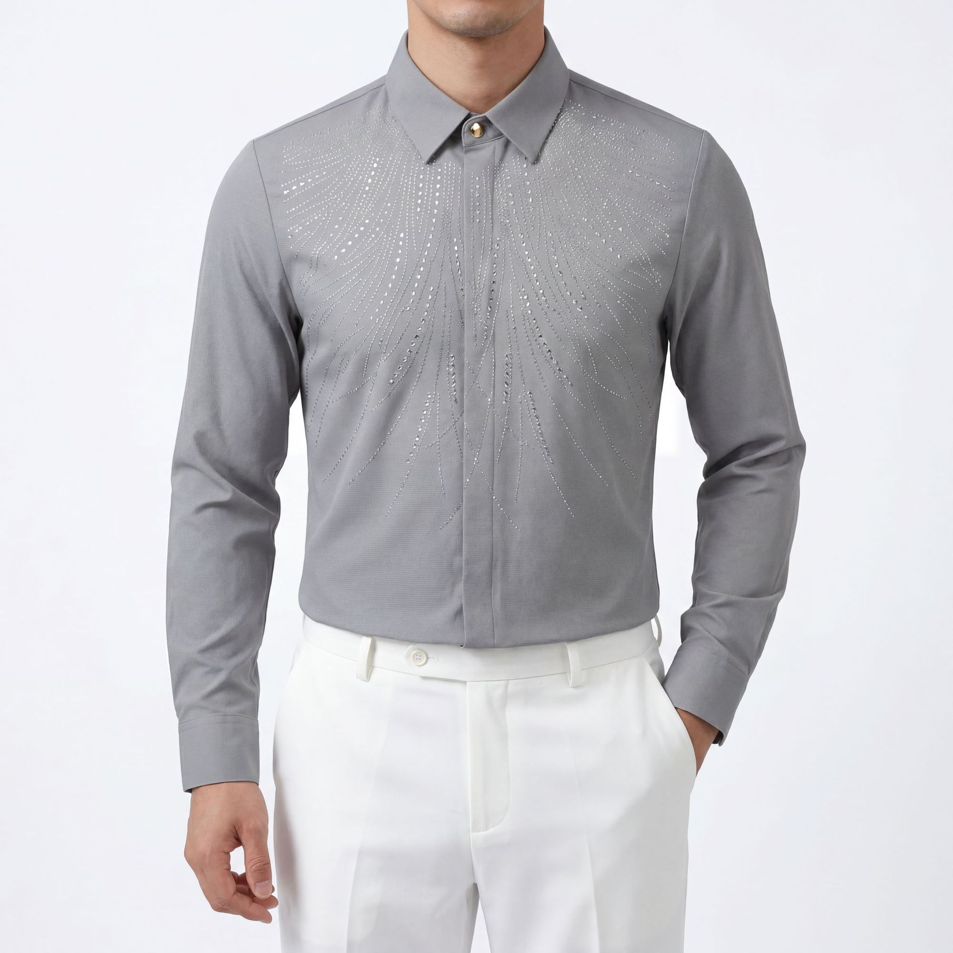 Luxury menswear, exquisitely crafted high-temperature hot-stamped rhinestone wing-patterned long-sleeved shirt, wrinkle-free, direct from cross-border source factory.