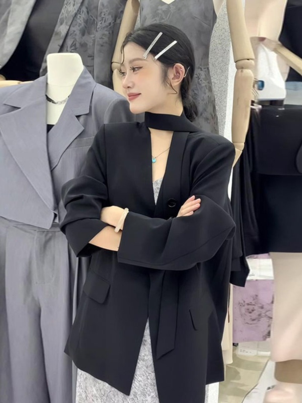 黑色春季2025新款韩版百搭感V领宽松显瘦飘带气质西装外套女百搭|undefined