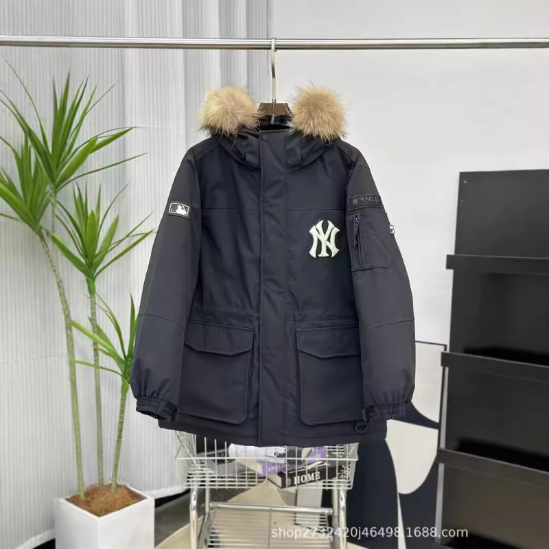 跨境MLB羽绒服洋基队工装大毛领中长款男女款白鸭绒派克外套|undefined