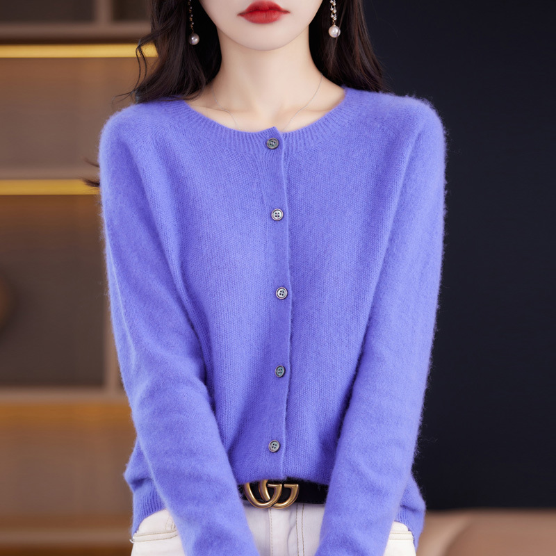 Cárdigan de Punto de Lana para Mujer Lana Cuello Redondo, Manga Larga para Otoño e Invierno