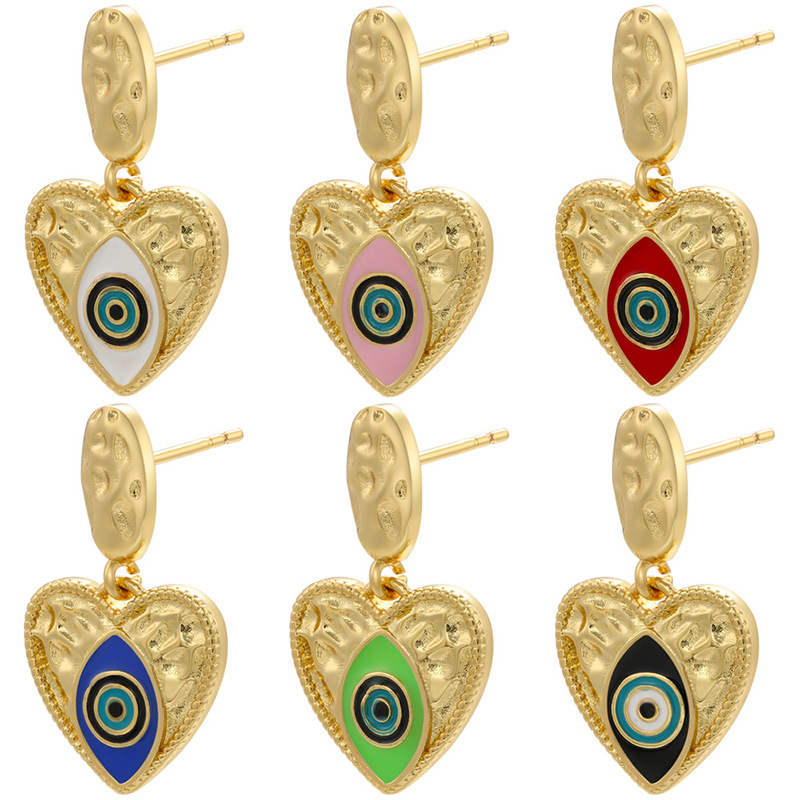 Color Drop Eye Earrings Heart-shaped Pendant 18k Gold-plated Copper Jewelry display picture 1