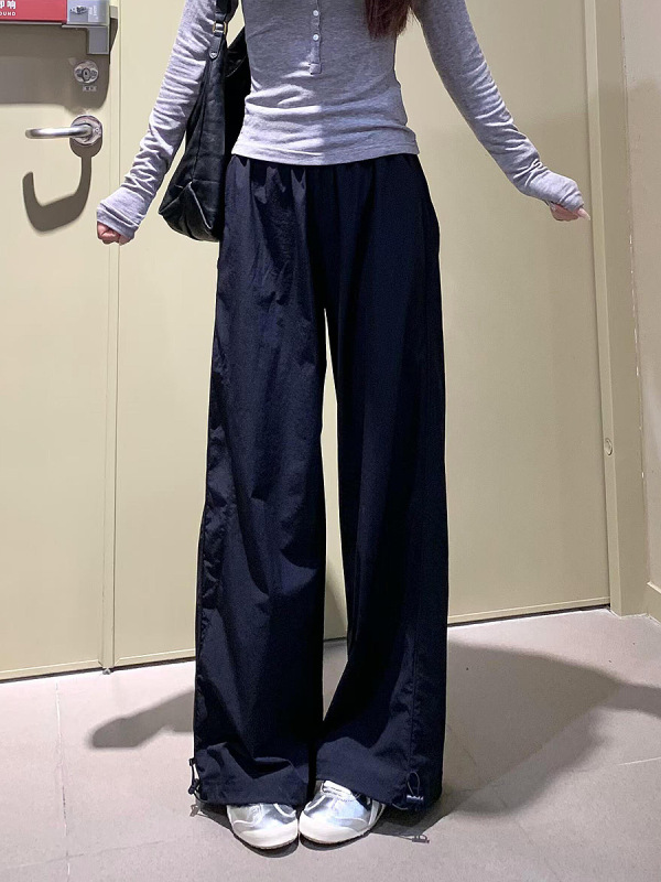 美式工装裤女2025春季新款藏蓝色直筒阔腿裤宽松高腰休闲运动裤子|undefined