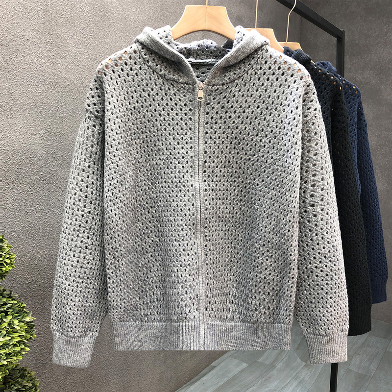 Hollow Hooded Cardigan Knitwear Men's Spring and Autumn Couple's Jacket Ripped Trendy Brand Outerwear Foreign Trade Cross-Border Wholesale Hollow Hooded Cardigan Knitwear Men's Spring and Autumn Couple's Jacket Ripped Trendy Brand Outerwear Foreign Trade Cross-Border Wholesale