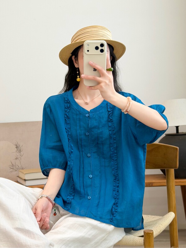 Jian Meng 42-Count Pure Ramie Lace Mid-Sleeve Shirt 2026 Summer New Style Lightweight Solid Color Top for Women 2633 Jian Meng 42-Count Pure Ramie Lace Mid-Sleeve Shirt 2026 Summer New Style Lightweight Solid Color Top for Women 2633