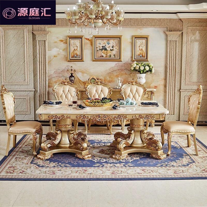 European-Style Marble Rectangular Dining Table and Chairs, Palace-Style Golden Villa High-End Restaurant Home-Use Solid Wood Carved Large Dining Table