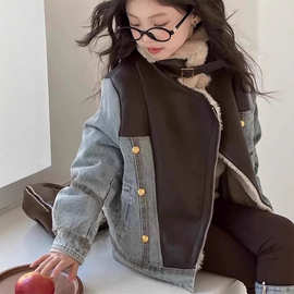 女童加绒牛仔外套秋冬款2025新款大童加厚上衣儿童炸街冬装派克服