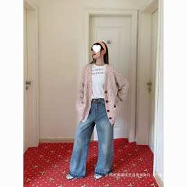 粉色宽松针织毛衣开衫外套女秋冬季新款中长款韩版慵懒风长袖上衣