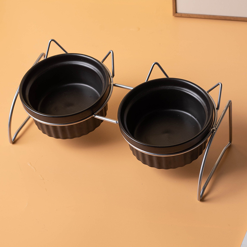 Fábrica al por mayor de cerámica gato comida tazón cuello protección diseño bebedero gato arroz tazón doble tazón antidetonante perro tazón de comida