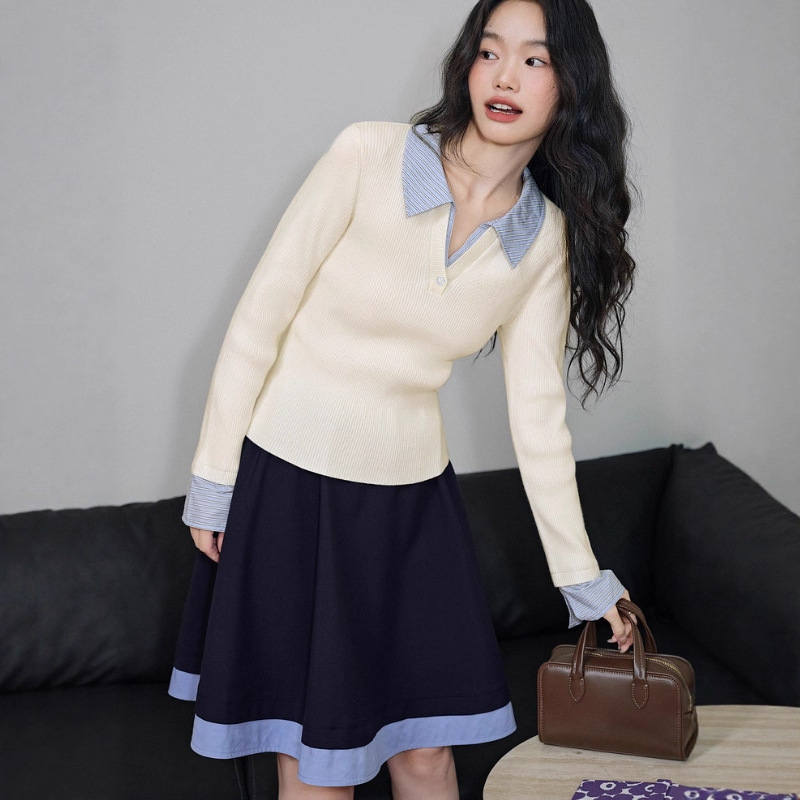 Polo Collar Top Gray Women's 2025 Autum New Yellow Slim Slim Knitwear Ksa2508015