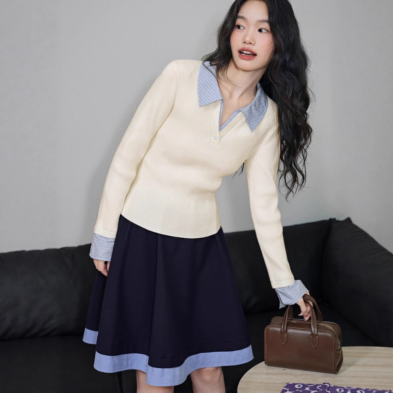 Polo Collar Top Gray Women's 2025 Autum New Yellow Slim Slim Knitwear Ksa2508015