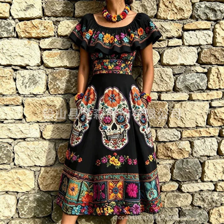 Women's summer new collection: ruffled collar dress with 3D digital print, Halloween-themed, for independent online stores and cross-border e-commerce Women's summer new collection: ruffled collar dress with 3D digital print, Halloween-themed, for independent online stores and cross-border e-commerce