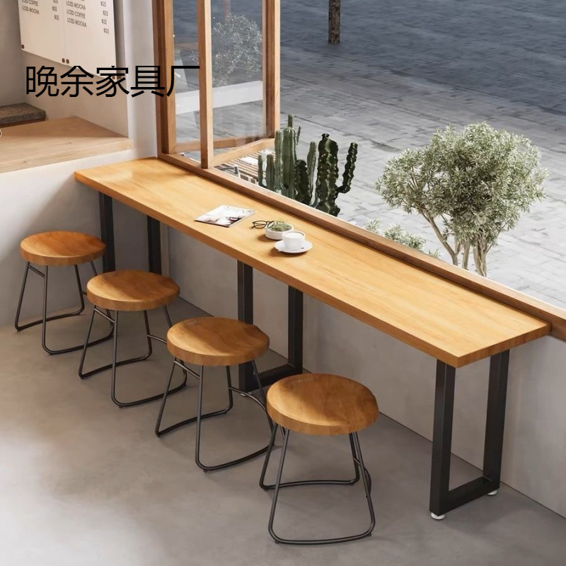 Narrow Dining Table and Chair Combination Against the Wall, Low Bar Table Against the Window, Industrial Style Convenience Store Snack Bar Bar Long Table