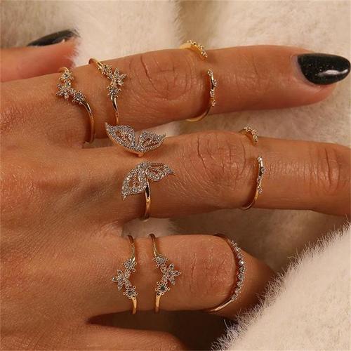 Amazon foreign trade new European and American Bohemian style ring with diamond butterfly joint 8-piece set of ring accessories