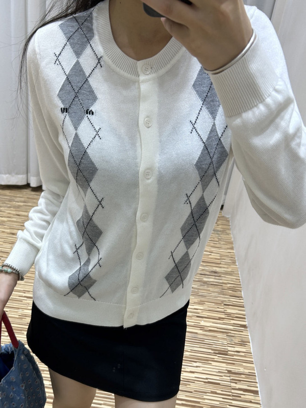 南油女装M+25早秋夏新款复古撞色菱格休闲长袖圆领针织衫女毛衣|undefined