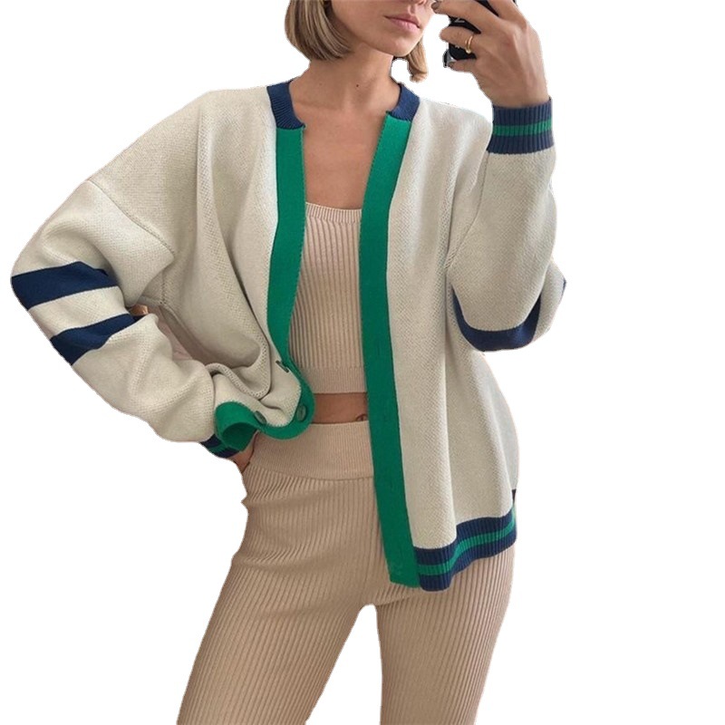 Cárdigan a la Moda con Bloques de Color, Suéter Holgado Informal para Otoño e Invierno, Ropa Femenina Transfronteriza 2024, Chaqueta de Suéter Tejido Simple a Rayas image 7