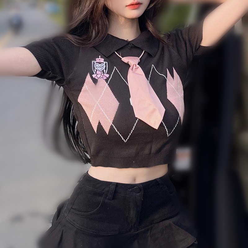 Spot wholesale summer ice silk small tie knitted short sleeve polo collar super short exposed navel sweet pure thin top Spot wholesale summer ice silk small tie knitted short sleeve polo collar super short exposed navel sweet pure thin top