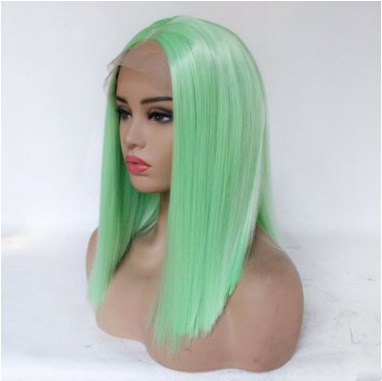 Moda manzana verde medio dividido hombro recto fibra química mitad mano tejida frente encaje completo peluca LW0140