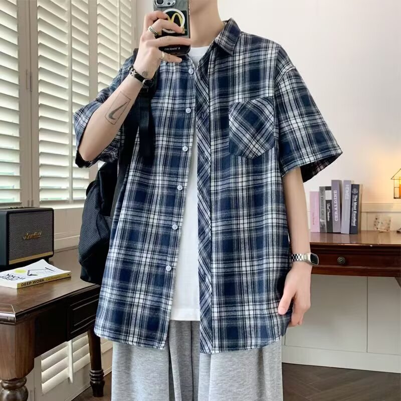 Plaid Short-Sleeved Shirt for Men, Summer Japanese Retro Loose Casual Half-Sleeved Shirt, American High Street Plaid Jacket