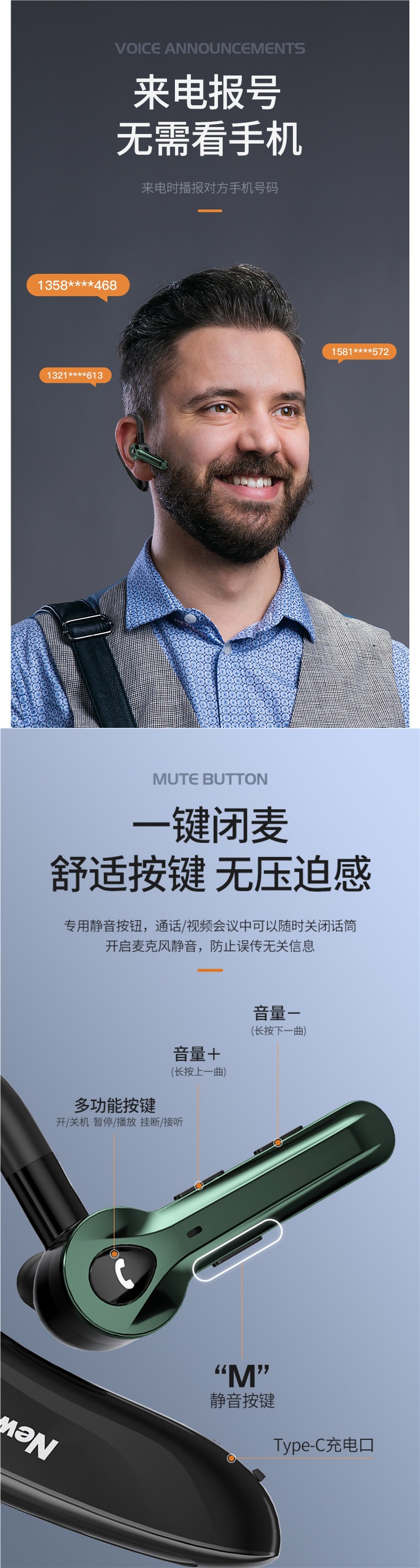 Newman Wireless Bluetooth Headset Single-Ear Hanging Ear Sports Type Driving Special Noise Reduction Ultra-Long Battery Life for Men and Women