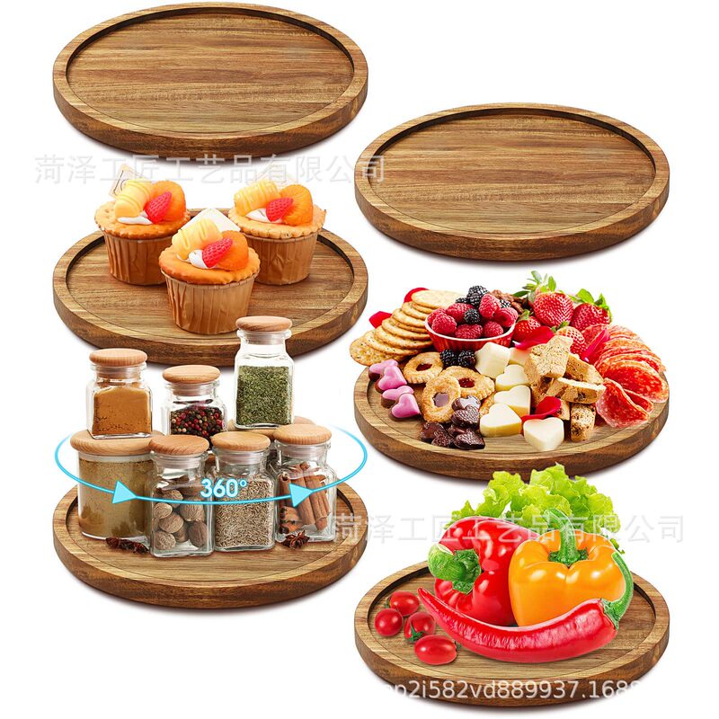 Rotatable Acacia Wood Round Tray Wooden Fruit Cake Plate Kitchen Countertop Organizer Spice Organizer Rack