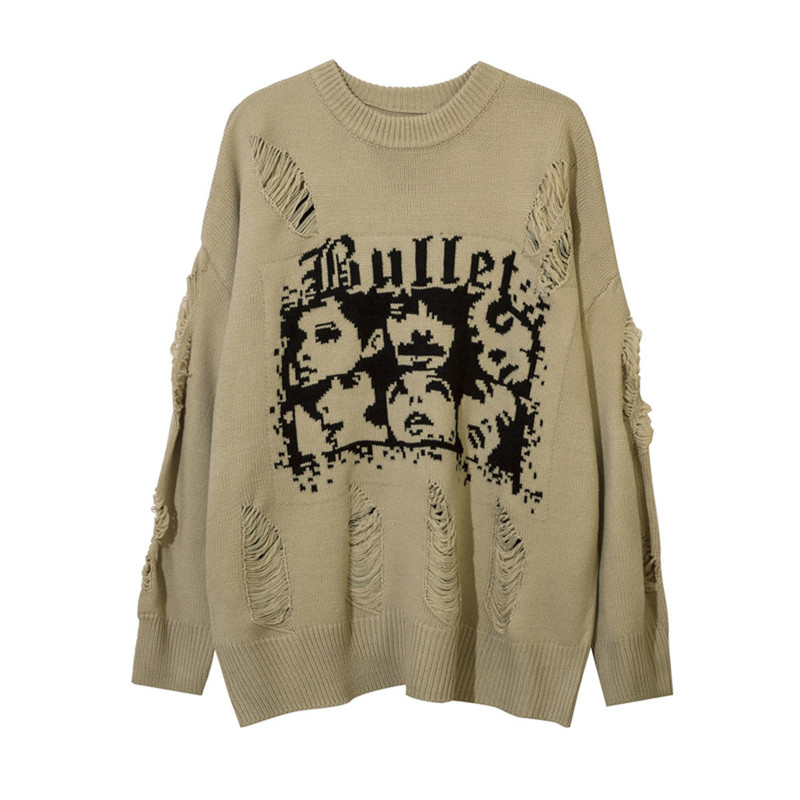 Dark High Street Character Jacquard Round Neck Sweater, Lazy Style Loose Men's Ripped Crochet Long-Sleeved Sweater