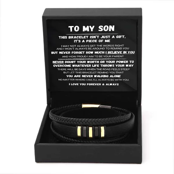 Cross-Border Engraved Men's Multi-Layer Simple Woven Leather Bracelet to My Son European and American Style Men's Two-Tone Electroplated Bracelet