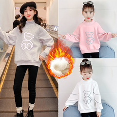Children's Winter Fleece Thick Half-High Collar Hooded Sweatshirt for Older Girls and Young Kids, Lamb Wool Warm Base Layer Top