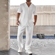 2025亚马逊新款男士纯色套装门襟纽扣衬衫短袖长裤男士外出日常