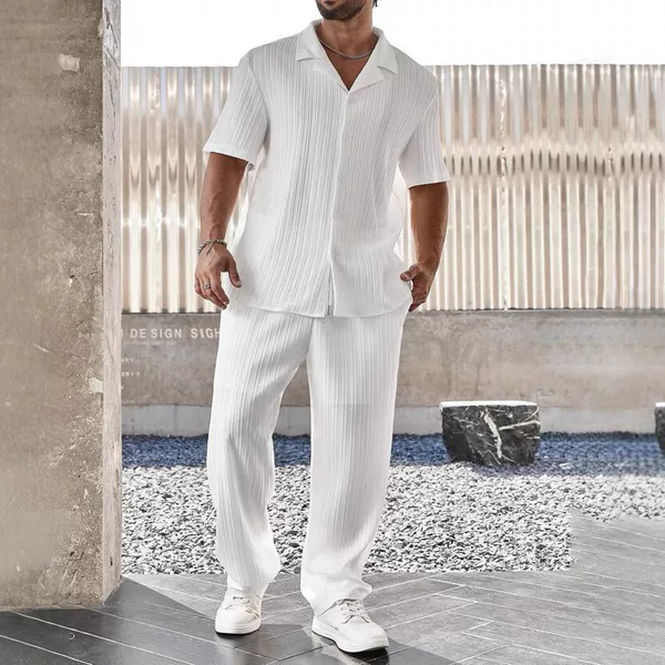 2025 Amazon New Men's Solid Color suit Placket Button Shirt Short Sleeve Pants Men's Daily Out