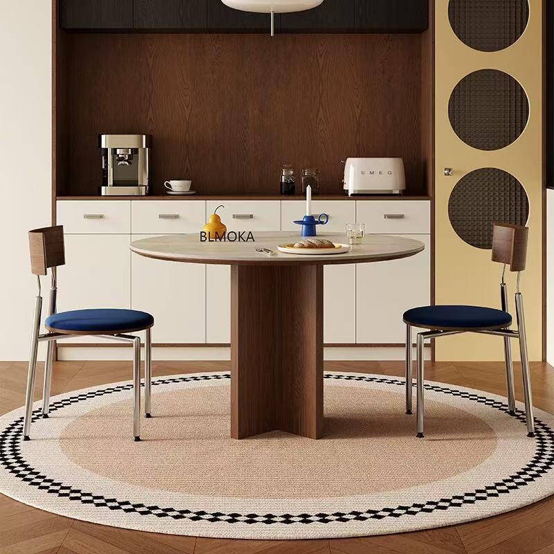 Tablero de roca de travertino de madera maciza de estilo antiguo, mesa redonda, paquete de tablero de roca de estilo retro, mesa de comedor de tablero de roca de apartamento pequeño simple de Sihao