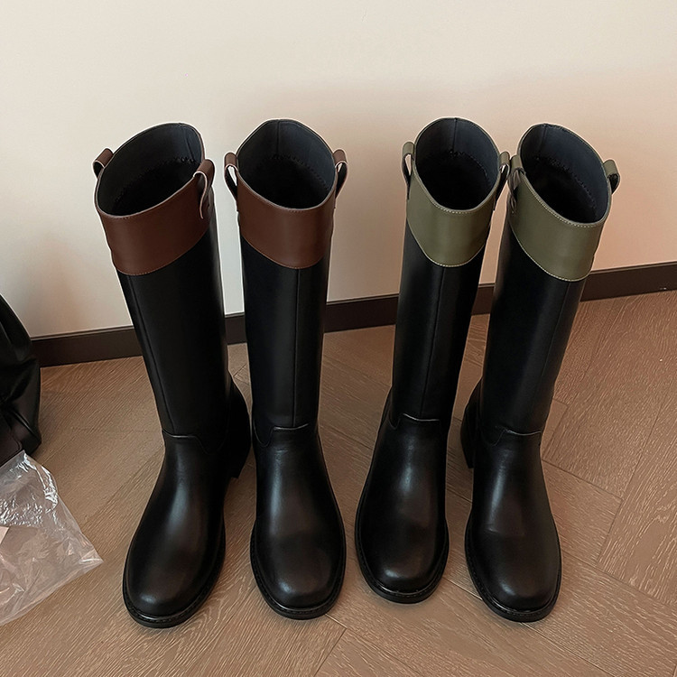 牛皮拼色骑士靴女高筒长靴秋冬新款真皮圆头粗中跟及膝靴女直筒靴|undefined
