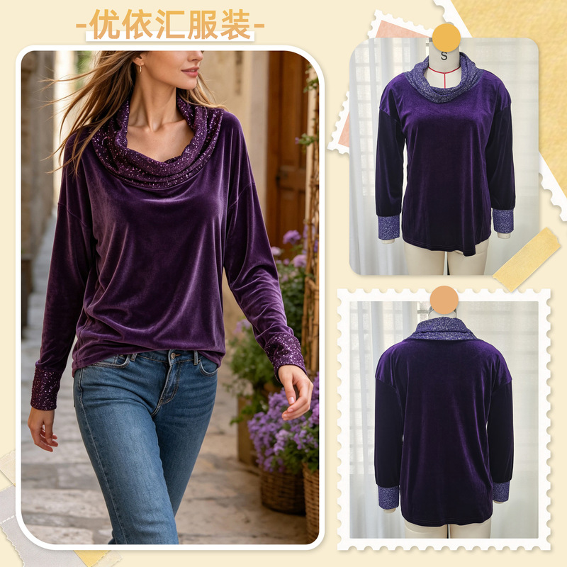 TEMU Amazon European and American cross-border autumn and winter velvet turtleneck casual loose sequin long-sleeve women's T-shirt TEMU Amazon European and American cross-border autumn and winter velvet turtleneck casual loose sequin long-sleeve women's T-shirt