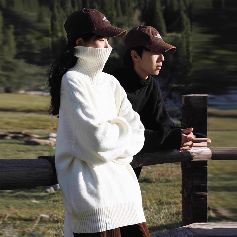 @Hong Kong Style Artistic Men Japanese High Collar Sweater Men's Winter Black Base Layer Loose Knit Sweater for Men