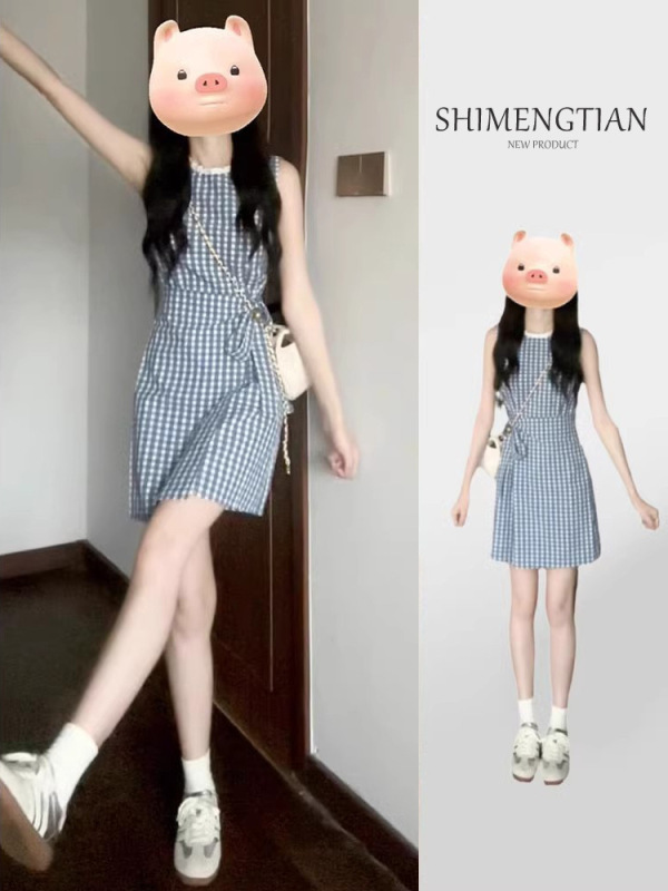 女性のための小さなノースリーブチェック柄ベストドレス夏のウエスト痩身フレンチスタイルレースアップAラインショートスカート|undefined
