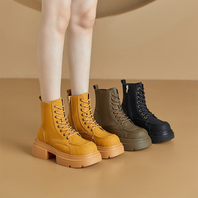 2025秋冬新品高帮真皮马丁靴女韩版侧拉链女式皮靴子厚底休闲女鞋