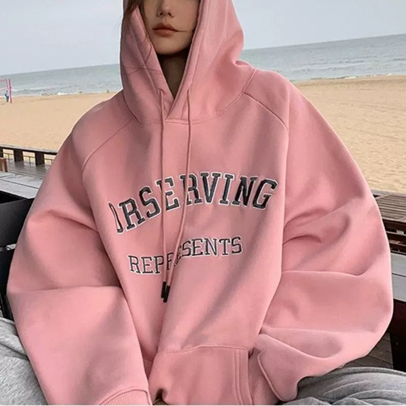 加绒加厚连帽卫衣女学生情侣装bf风宽松长袖打底衫大码外套上衣女