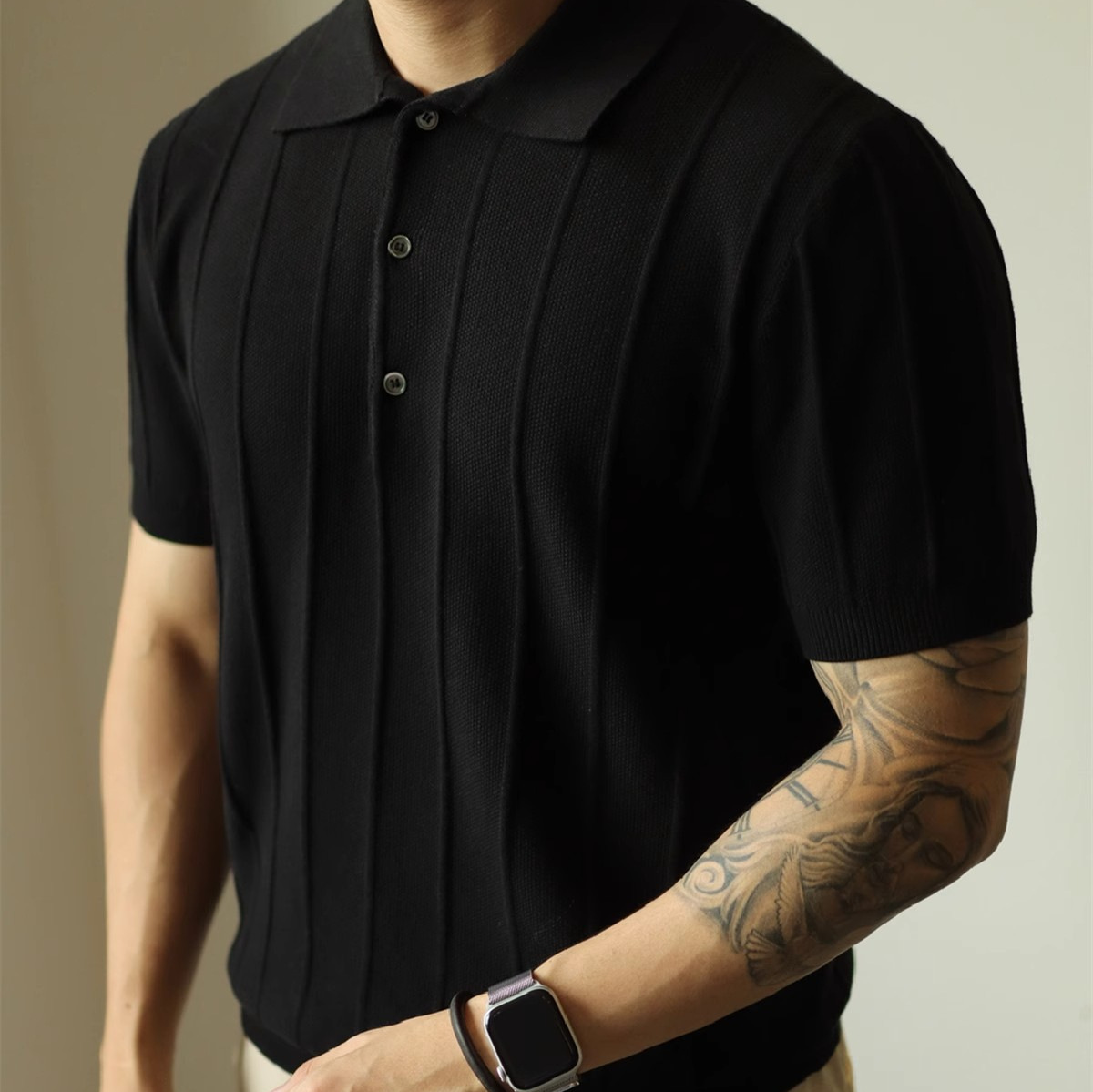 Factory Straight Hair Jacquard Vintage Knitted Polo Shirt Short Sleeve American Men's T-Shirt Light Mature Solid Color Basic Spring and Summer