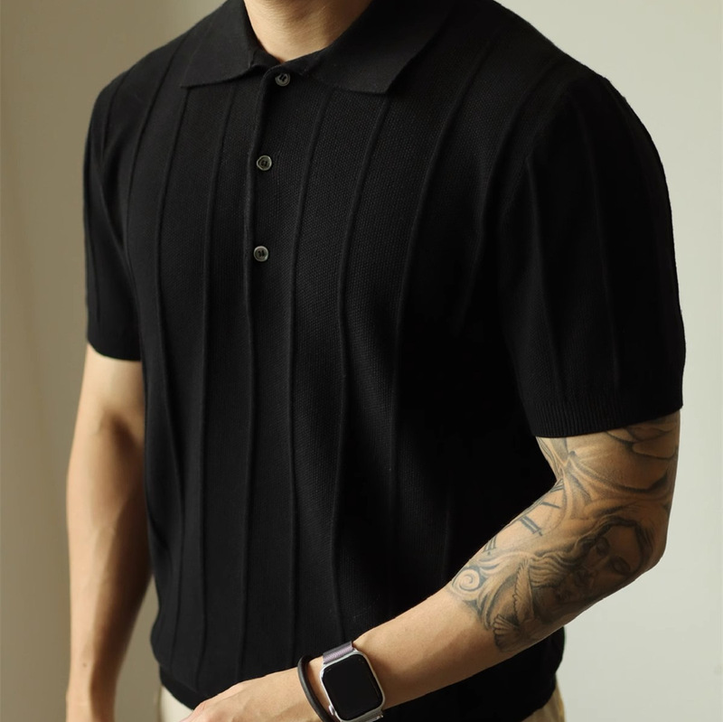 Factory Straight Hair Jacquard Vintage Knitted Polo Shirt Short Sleeve American Men's T-Shirt Light Mature Solid Color Basic Spring and Summer