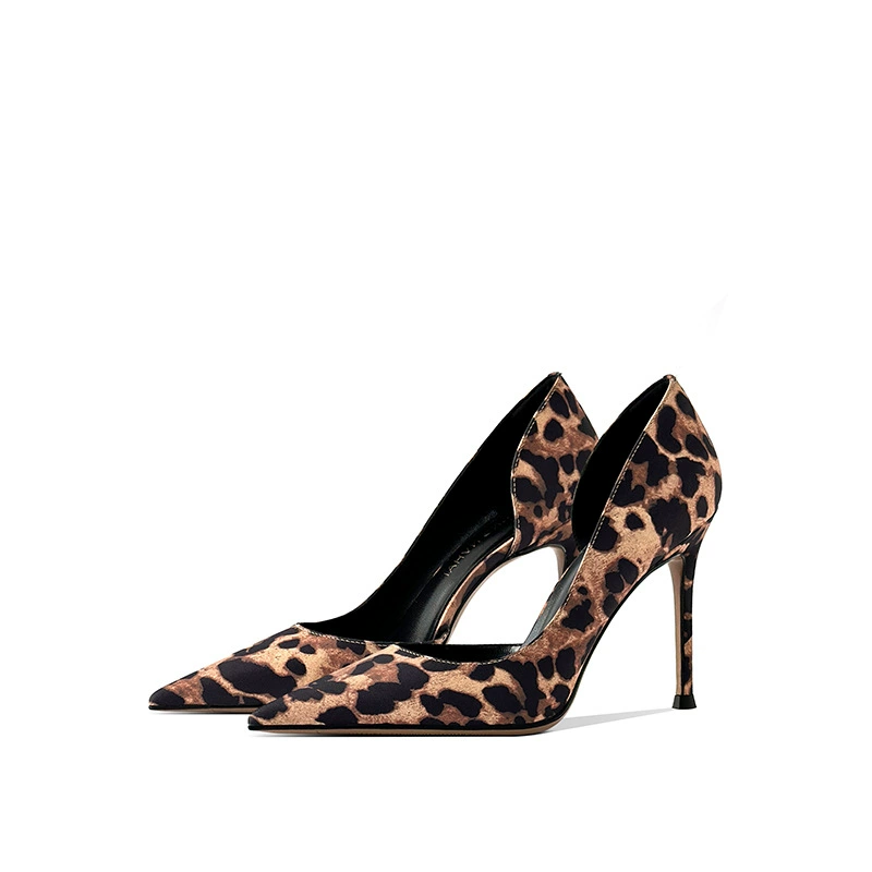 Простые женские туфли-лодочки на шпильке с неглубоким вырезом, весна 2025, новинка, с леопардовым принтом, с острым носком, с боковыми вырезами, на высоком каблуке, оптом, для трансграничной торговли