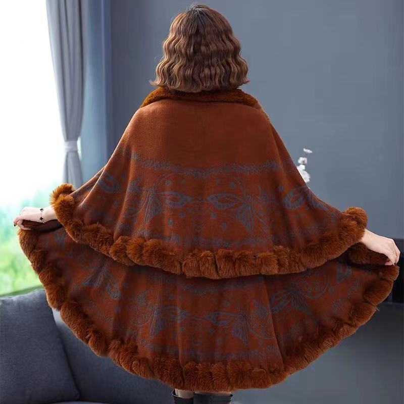 Fur collar cape cape ladies plus-size jacquard knit cardigan loose coat_voghion.com