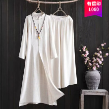 复古文艺棉麻居士打坐禅修女装连衣裙中式盘扣禅意茶服两件套欧美