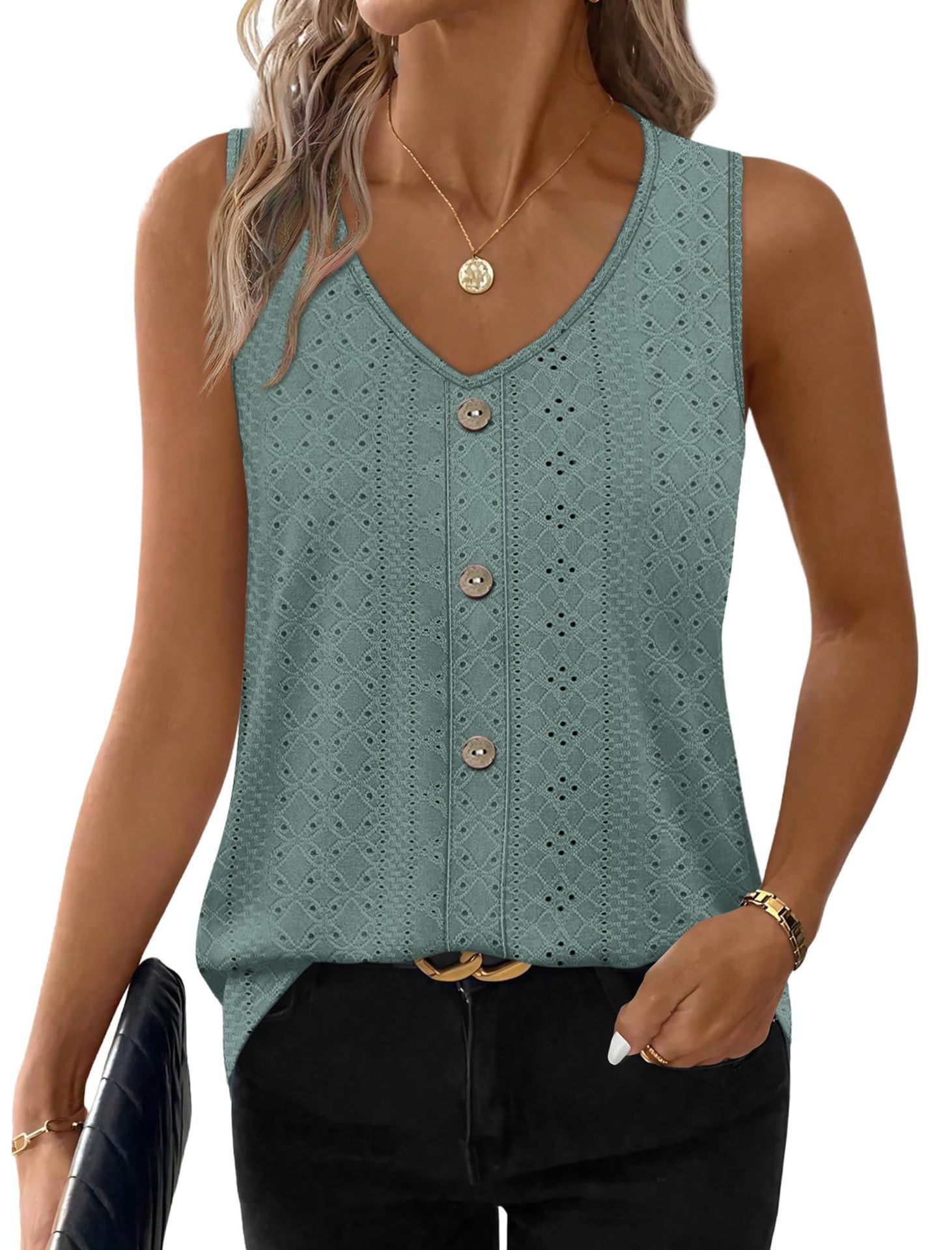 Women's Loose Casual Top V Neck Sleeveless Vest Eyelets American Summer New_ecoleips.com