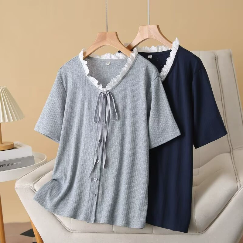 Большой размер женская летняя новая толстая MMV-воротник кружевной шнуровки с короткими рукавами футболка дизайн дикий топ 006