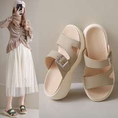 大碼坡跟拖鞋女時尚外穿2024夏季新款休閒皮帶扣一字厚底涼拖鞋女