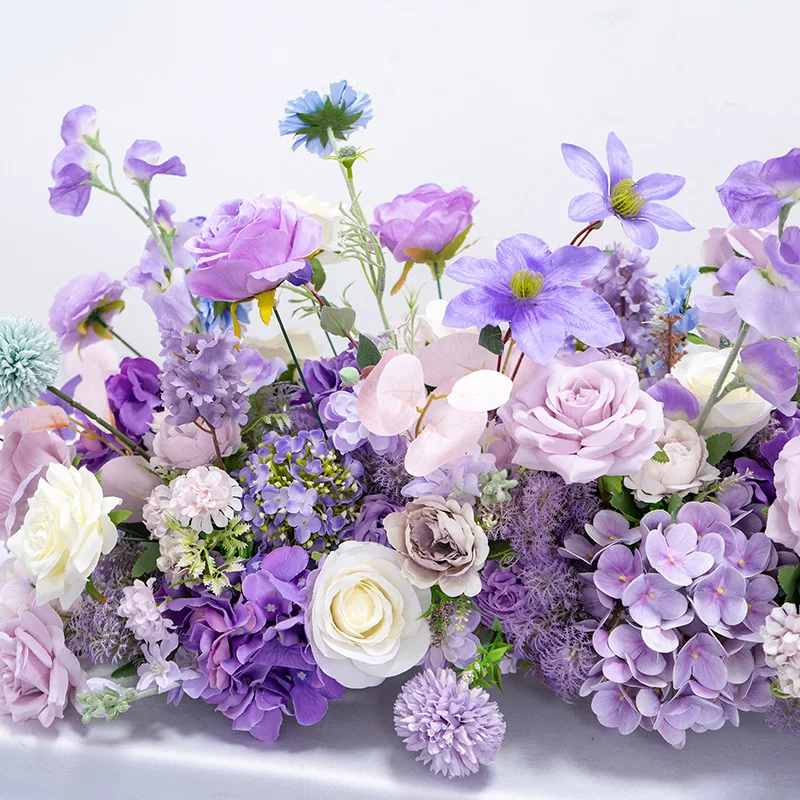 酒店装饰紫色长条桌花花艺 婚礼活动仪式生日宴会仿真假花布置花