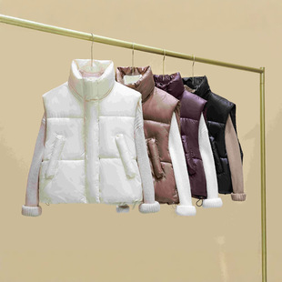 912 # Women's Winter Versatile Thickened Warm down Cotton Vest Short Cold-Proof Cotton Sleeveless Vest Metallic Color