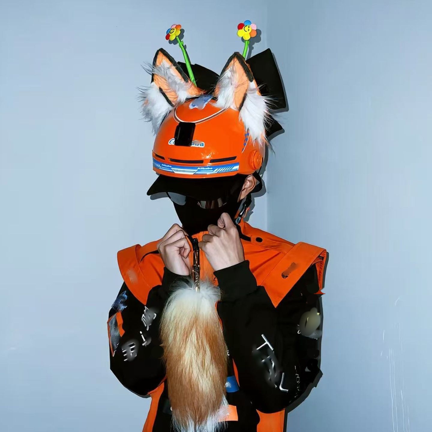 Cute Versatile High-Value Red-Orange White Wolf Ear Helmet Decoration