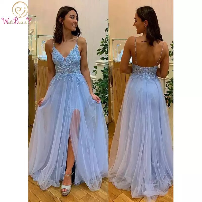 Amazon Comercio exterior luz azul vestido de fiesta de encaje apliques perlas una línea vestido de noche sin espalda
