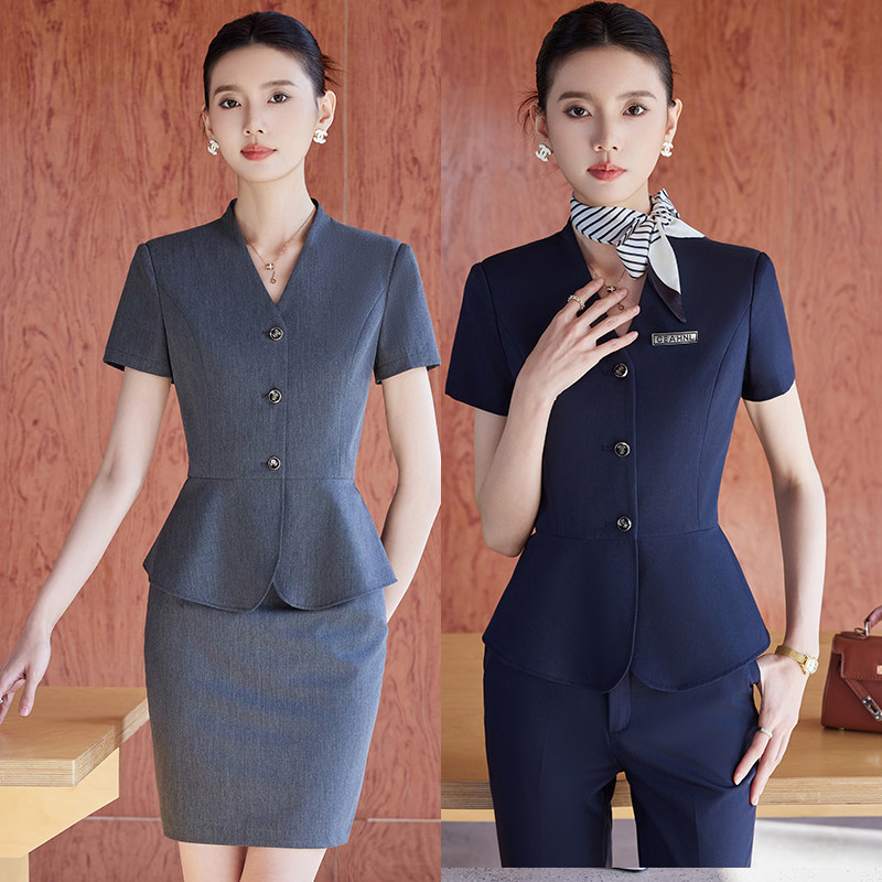 Summer Short-Sleeved Professional Suit for Women, Elegant Workwear for Beauty Salons, Jewelry Stores, Hotel Front Desk Reception Uniforms