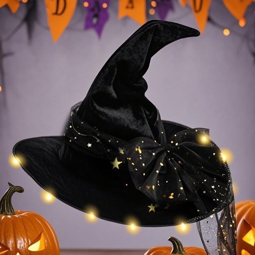 新しいハロウィーンのしわの魔女の帽子のパーティーは明かりの魔女の帽子の黒色のベルベットの魔女の帽子の化粧の道具を持っています。|undefined